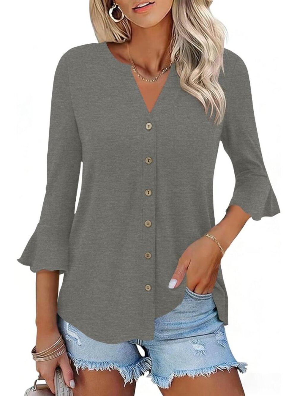 Casual Summer V-Neck Tunic Top for Women | 3/4 Sleeve Ruffle Bell Sleeve Tee